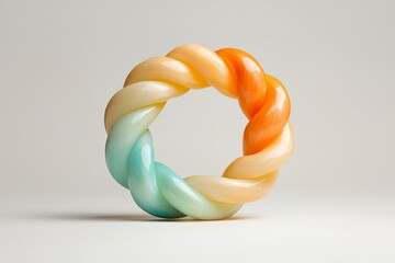 Colorful abstract sculpture made from twisted translucent material in shades of orange, cream, and green