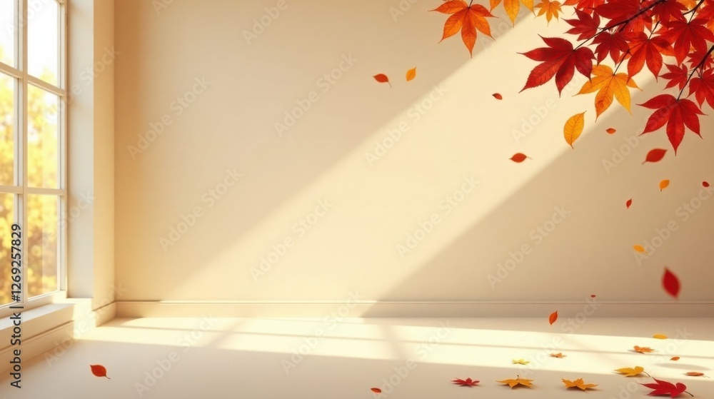Poster autumnal room with sunlight and falling leaves an empty space ready for design