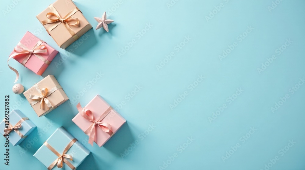 Poster pastel presents arranged on a light blue background with ample copy space for festive greetings