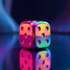 Hyper-Realistic Glossy 3D Dice with Vibrant Neon Colors and Reflective Metallic Surface