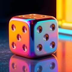 Hyper-Realistic Glossy 3D Dice with Vibrant Neon Colors and Reflective Metallic Surface