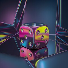 Hyper-Realistic Glossy 3D Dice with Vibrant Neon Colors and Reflective Metallic Surface