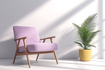 Tranquil minimalist room with cozy chair green plant and natural light ambiance