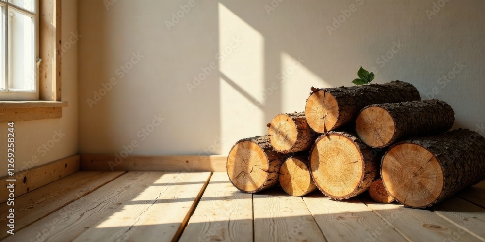 Poster sunlight illuminates a stack of neatly arranged wood logs resting on a light-colored wooden floor ne