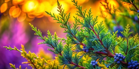 Surreal Green Juniper Branches on Vibrant Yellow-Violet Background - Stock Photo