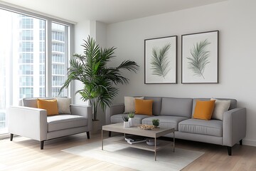 Fototapeta premium Stylish modern living room with sofa and plants in urban apartment environment