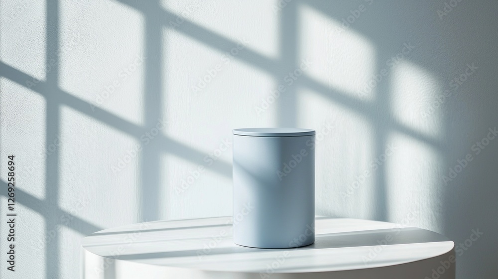 Poster a pastel blue cylinder podium stands gracefully on a white surface, bathed in soft light. delicate s