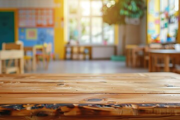 Empty classroom with sunlight on wooden desk in colorful kindergarten setting