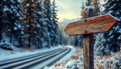 Naklejka premium Winter Road with Wooden Signpost in Snowy Forest Landscape Adventure