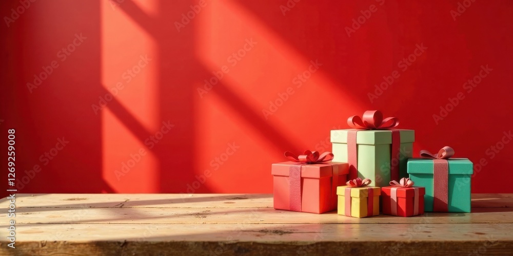 Poster a festive arrangement of wrapped gifts on wooden surface with red background and sunlight streaming 