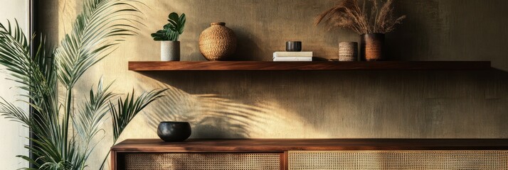 Sunlit Shelf Decorated With Plants And Vases