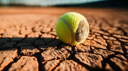 Tennis ball on cracked earth outdoor sports event nature scene close-up view concept of displacement and climate impact