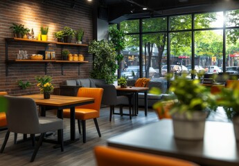 Fototapeta premium Modern Café Interior with Bright Green Plants and Cozy Seating Arrangements in Urban Setting