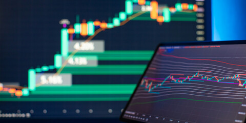 Digital Trading Interface with Candlestick Chart and Data Overlay Highlighting Stock Market Trends