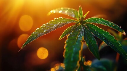 Dewy Cannabis Plant at Sunset, Field Background