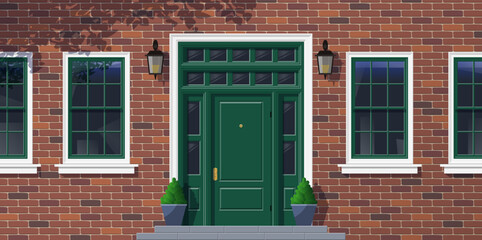 brick house facade with green door and windows potted plants exterior front view vector illustration