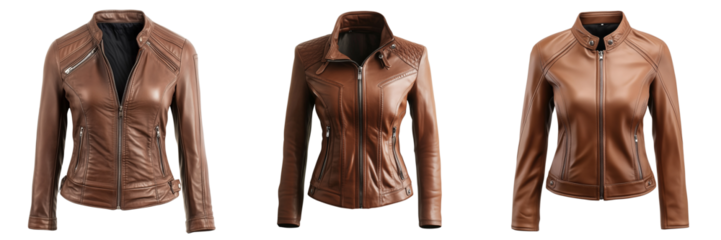 Set of A confident woman wearing a black leather biker jacket, standing beside a classic motorcycle on transparent png background. Ai generated