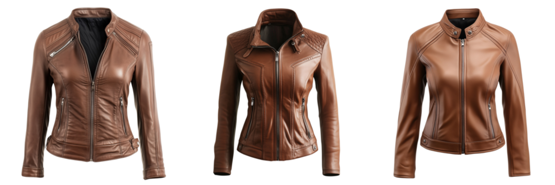 Set of A confident woman wearing a black leather biker jacket, standing beside a classic motorcycle on transparent png background. Ai generated - Powered by Adobe