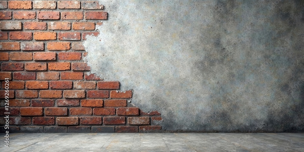 Poster Rustic Brick and Weathered Concrete Wall with Empty Floor Space Ideal for Textured Backgrounds and Design Projects