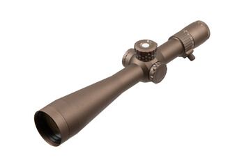 A premium rifle scope in matte brown, equipped with adjustable turrets and a magnification dial,...