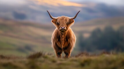 Highland cow gazing, misty hills, Scotland, farmland