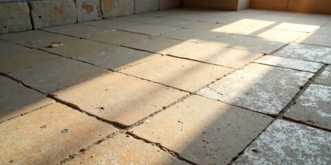 Fototapeta premium Sunlight Illuminates a Newly Laid Patio's Textured Surface, Revealing Subtle Variations in Color and Grout