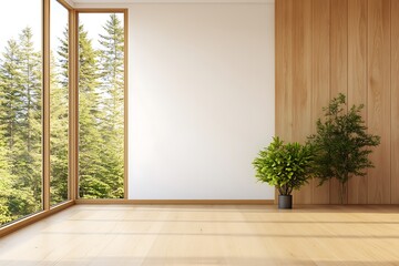 Modern minimalist room with large windows and green plant serene forest view interior design