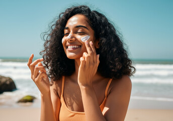 Smiling young Indian woman applying sunscreen at the beach on a sunny day