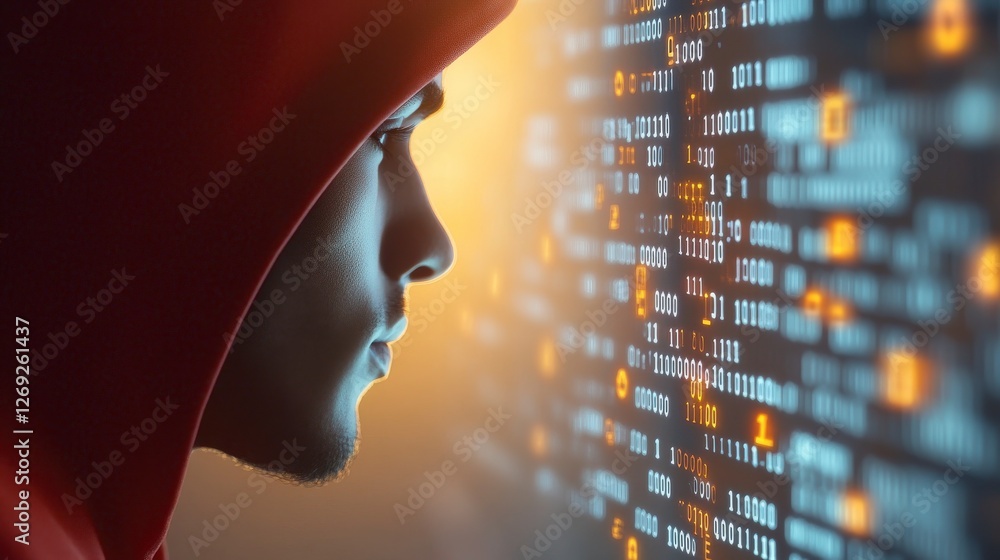Poster young man in hoodie staring at digital binary code on screen with bright illuminated background