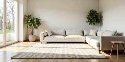 Modern Minimalist Living Room Interior Design with Neutral Color Palette and Natural Light Featuring a Sectional Sofa, Area Rug, and Potted Plants