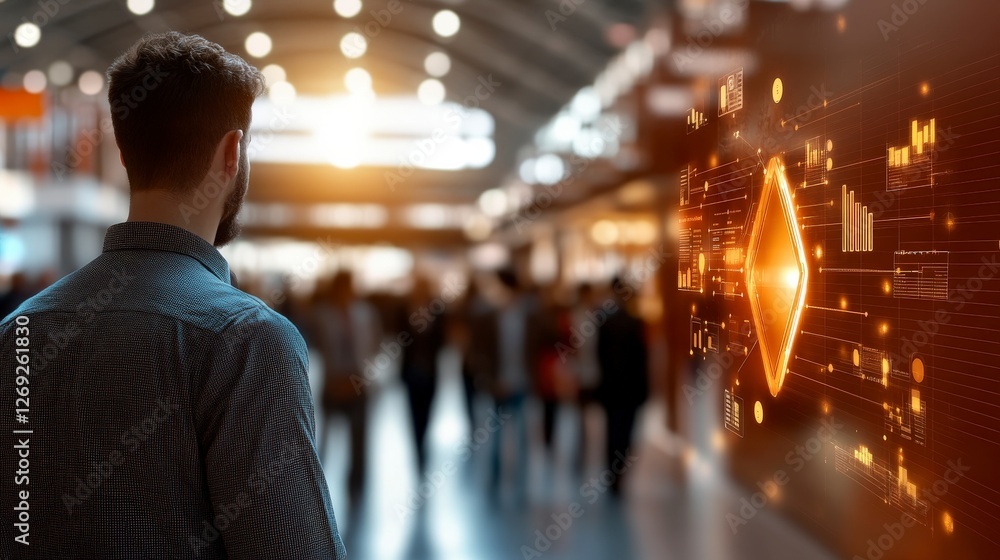 Poster man observing digital display with data visualization in modern urban environment at dusk