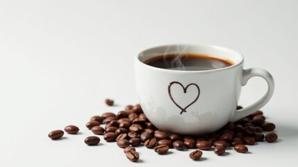 Aromatic Coffee in a Heart-Shaped Mug Surrounded by Roasted Beans