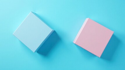 Pastel Boxes on a Light Blue Background A Minimalist Composition Featuring Two Square Gift Boxes in Delicate Shades of Blue and Pink, Arranged Strategically for a Visually Appealing Presentation.