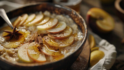 A delicious serving of warm oatmeal topped with fresh apple slices, a dash of cinnamon, and a generous drizzle of maple syrup for a sweet start to the day