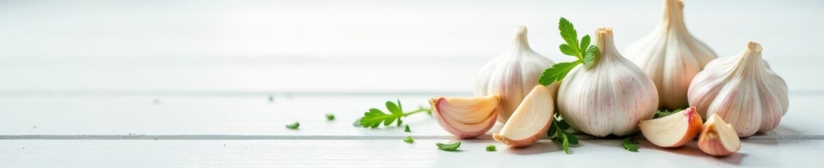 Fresh garlic cloves & herbs on pristine white , mint, illustration