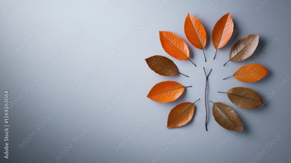 Poster arrangement of autumn leaves in circular pattern on soft gray background for seasonal concepts and n