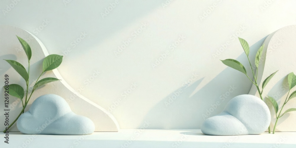 Aufkleber serene minimalist still life featuring soft blue cloud forms and lush greenery against a white backd