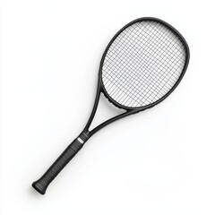 A black tennis racket with a sleek design, featuring a textured grip and a grid pattern on the strings, placed on a white background.
