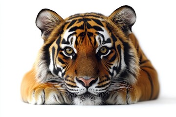 Fototapeta premium A close-up of a resting tiger with vivid orange and black stripes, showcasing its intense gaze and detailed fur against a white background.