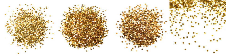 Shimmering golden glitter particles and confetti scattered across a vibrant white background creating a glamorous luxurious and sparkling visual effect perfect for festive designs
