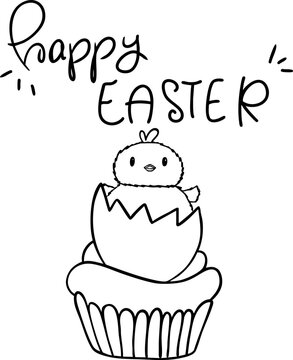 Happy Easter vector illustration in doodle style. Cake or muffin with chocolate agg with chicken. Hand drawn illustration isolated on a white background 