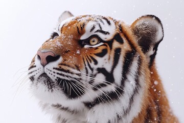 Obraz premium A close-up of a majestic tiger covered in snow, gazing thoughtfully into the distance with a snowy backdrop. Its striking orange and black stripes are clearly visible.
