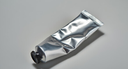 Crumpled metallic aluminum tube with black cap on light gray background