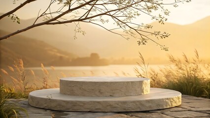 Obraz premium natural stone and concrete podium in blurry golden, for product photography