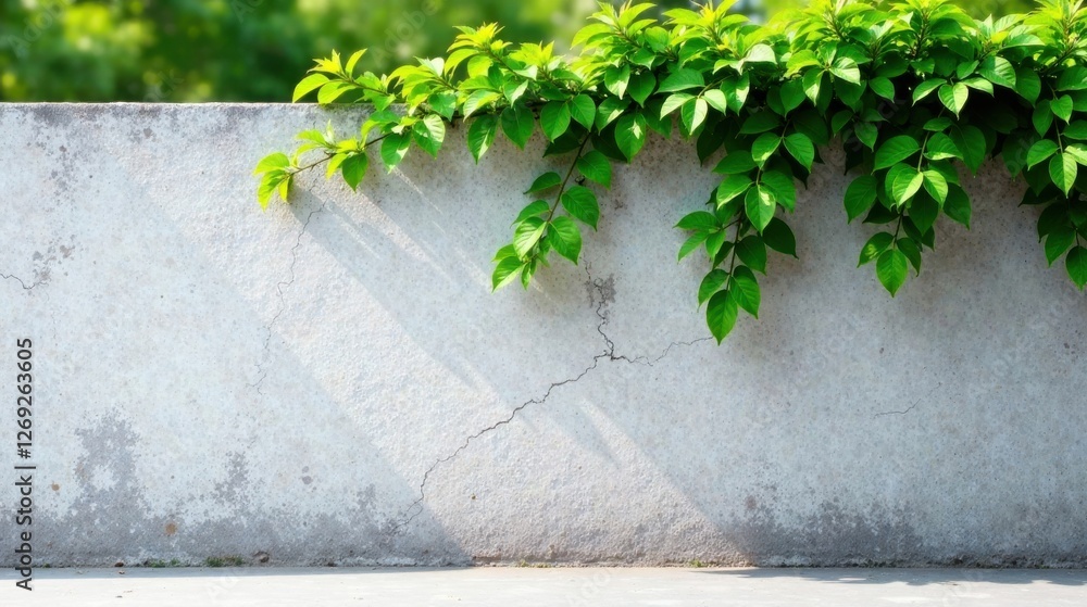Poster lush green vines cascading over a weathered concrete wall, creating a serene natural scene perfect f