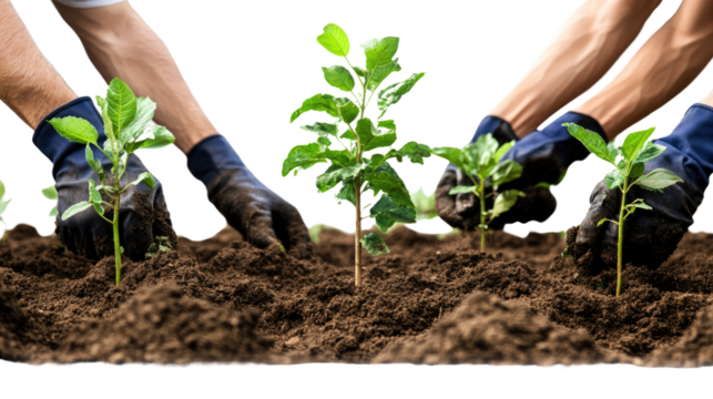 Roots of Tomorrow: Hands carefully plant saplings in rich soil, embodying the spirit of environmental stewardship and collaborative growth for a sustainable future.
