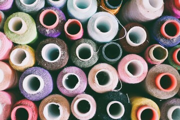 Top view, high angle of colorful spools thread can trigger trypophobia for some people