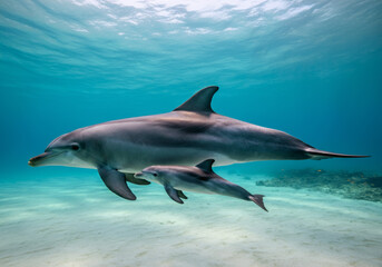 Fototapeta premium Mother and calf dolphins swimming gracefully in clear ocean waters under sunlight