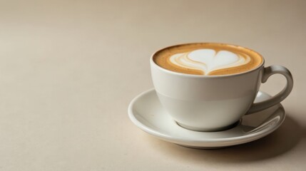 Aromatic Coffee in a White Mug with Heart-Shaped Latte Art on a Saucer