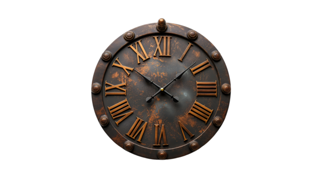 Vintage Wall Clock Roman Numerals, Rustic Brown Metal for Home Decor, isolated on transparent background.